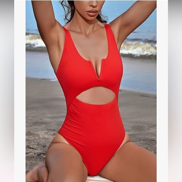 NWT Meyeeka Women’s Red One Piece Cut Out V-Notch Swimsuit, Size L - Picture 3 of 8